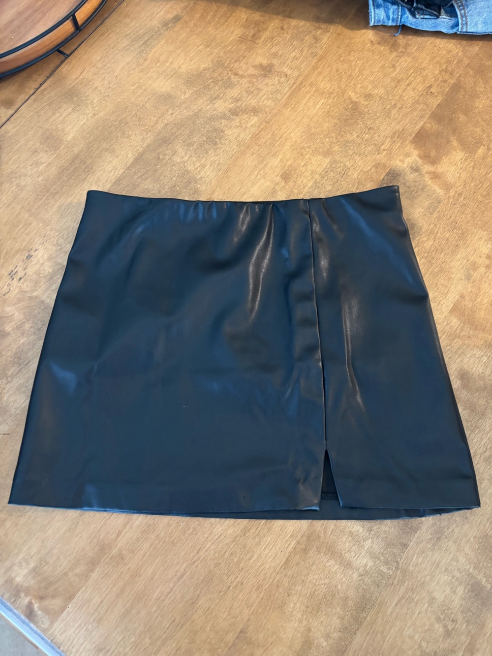 Black Faux Leather Mini Skirt with Front Slit